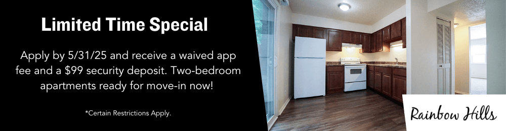 A promotional image for a limited time special offer for a two-bedroom apartment at Rainbow Hills.
