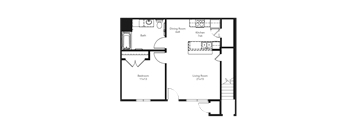 Redbud floor plan: one-bedroom, one-bathroom apartment with living room, kitchen, bathroom, bedroom, and dining area.
