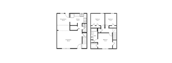 Two floor plans of a house with labeled rooms and dimensions.