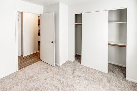 a bedroom with three closet doors and a carpeted floor