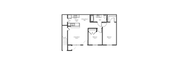 Sugar Maple floorplan: two-bedroom, one-bathroom apartment featuring two bedrooms, living room, kitchen, bathroom, and dining area.