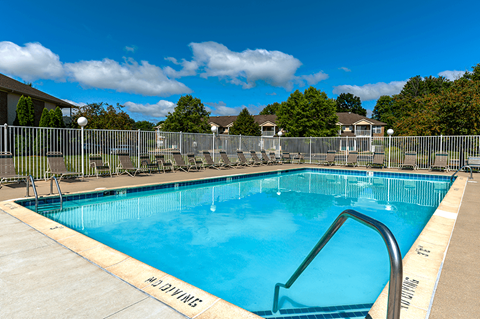 A blue pool with a ladder on the side.