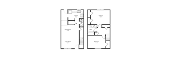 Sycamore floorplan: two-bedroom, one-and-a-half-bathroom townhome with living room, kitchen, bedrooms, bathrooms, and dining area.