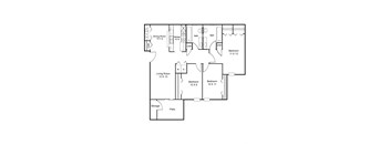 Floorplan for the three-bedroom apartment with one and a half bathrooms at Pleasant Springs