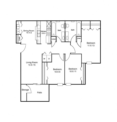 Floorplan for the three-bedroom apartment with one and a half bathrooms at Pleasant Springs