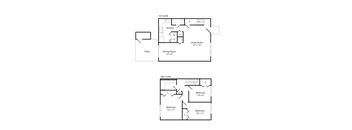 Henderson Court three-bedroom townhome floor plan showing living room, dining area, kitchen, bedrooms, bathrooms, and closet.