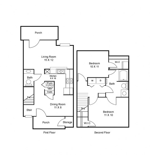 Floorplan for the two-bedroom townhome with one and a half bathrooms at Pleasant Springs