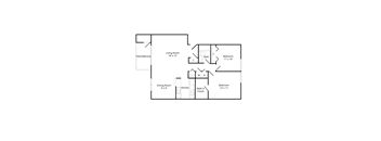 Henderson Court two-bedroom apartment floor plan showing living room, dining area, kitchen, bedrooms, bathroom, and closet.
