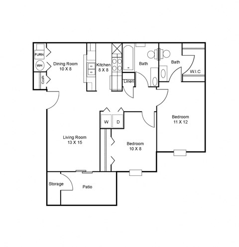 Floorplan for the two-bedroom apartment with one and a half bathrooms at Pleasant Springs