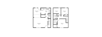 A floor plan of a house with two bedrooms, a living room, a dining room, a kitchen, and two bathrooms.
