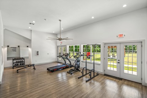 A gym with a treadmill, exercise bike, and weights.