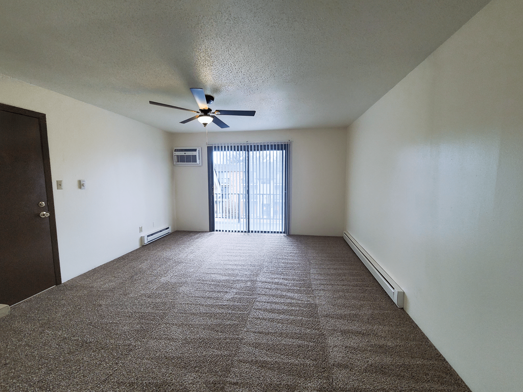 A room with a carpeted floor and a ceiling fan.