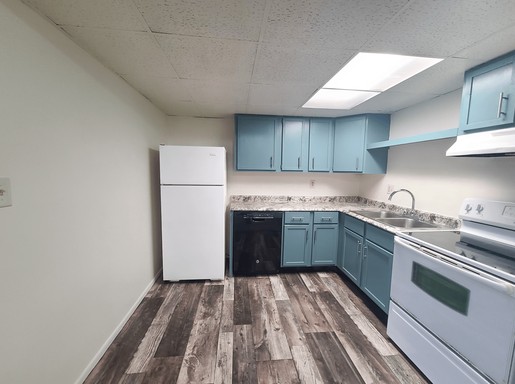 A kitchen with a white refrigerator, white stove, and blue cabinets.