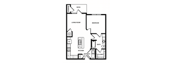 A black and white image of a floor plan for a home with a living room, kitchen, bathroom, bedroom, and storage.