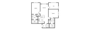 A black and white image of a house floor plan with a patio, two bedrooms, a living room, a kitchen, two bathrooms, and two closets.