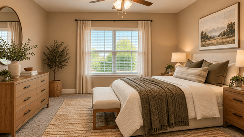 A bedroom with a large bed, a window with curtains, and a painting on the wall.
