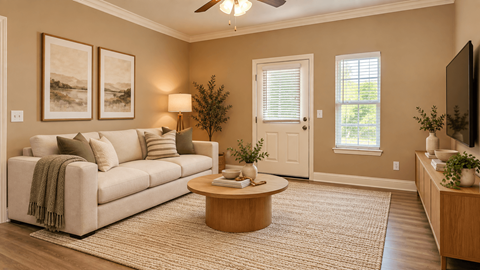 A living room with a couch, coffee table, and a ceiling fan.