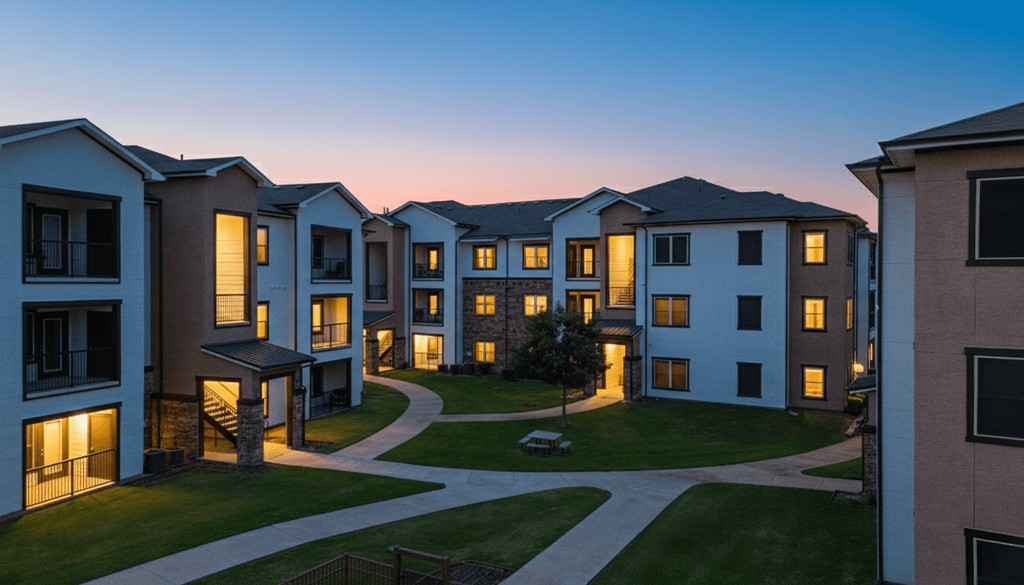 A row of houses with lit windows and a pathway in the foreground.