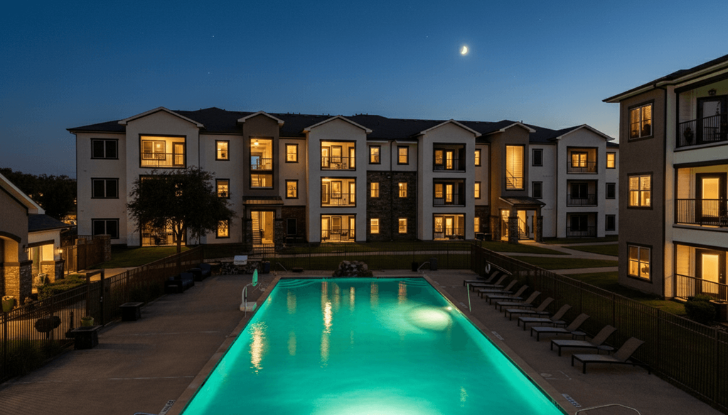 A large building with a pool in front of it at night.