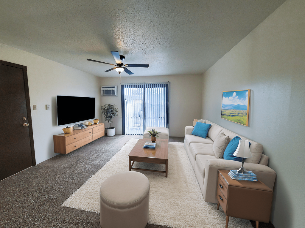 A living room with a grey carpet and a brown sofa.