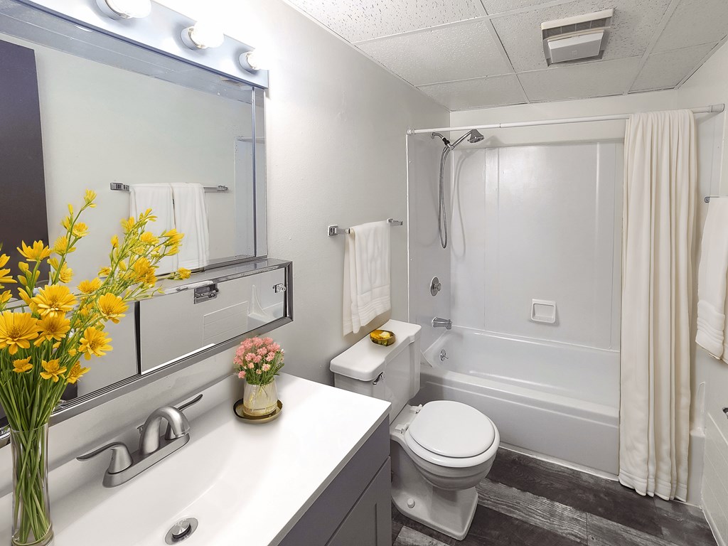 A white bathroom with a toilet, sink, and shower.