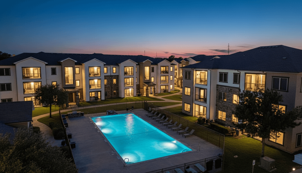 A swimming pool is surrounded by a grassy area and apartment buildings.