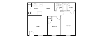 the illustration of a 1 bedroom floor plan with a bathroom and a closet