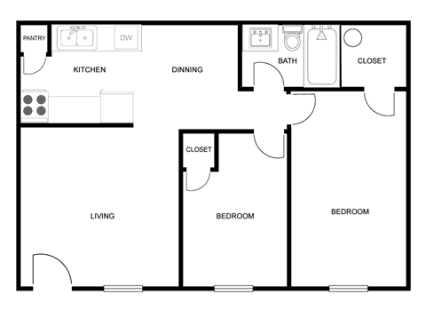 the illustration of a 1 bedroom floor plan with a bathroom and a closet