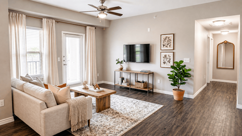 A living room with a couch, a coffee table, a television, and a potted plant.