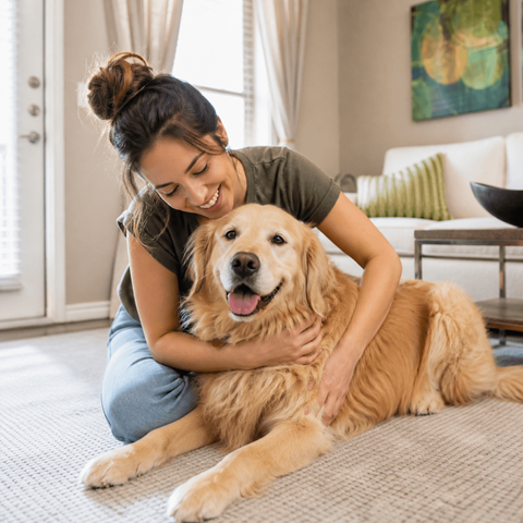 A woman is hugging a golden retriever in a living room.