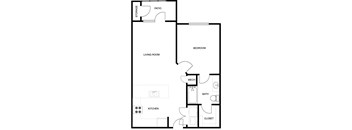 A floor plan of a home with a living room, kitchen, bathroom, bedroom, and storage.