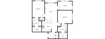A black and white image of a house floor plan with a balcony, two bedrooms, a living room, a kitchen, a bath, a mech, and a utility room.