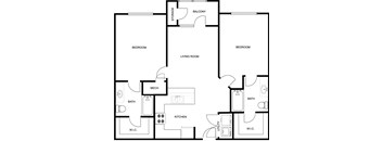 A black and white image of a house floor plan with a balcony, two bedrooms, a living room, a kitchen, a bath, a mech, and a utility space.