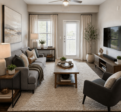 A living room with a grey couch, a coffee table, and a television.