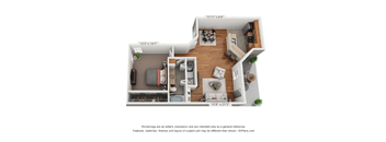 a stylized floor plan with a bedroom and a living room