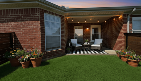 A patio with a black and white striped rug and a table with chairs.