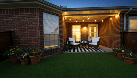 A cozy outdoor space with a brick wall and a striped rug.