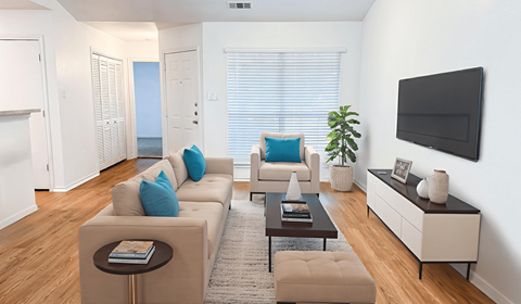 A living room with a couch, a chair, a coffee table, and a television.