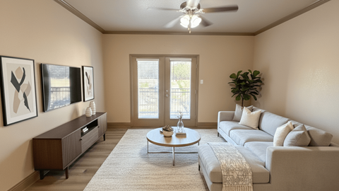 A living room with a sofa, a coffee table, and a ceiling fan.