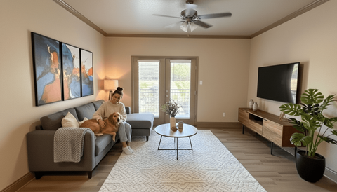 A woman is sitting on a couch with a dog in a living room.