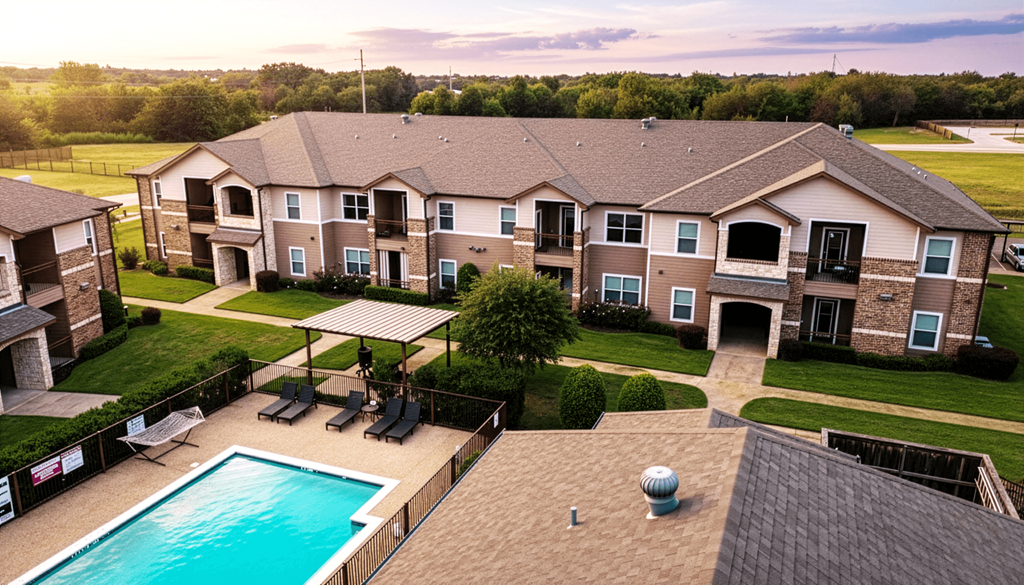 A large apartment complex with a pool and a hot tub.