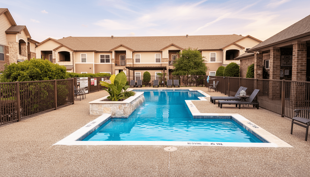 A pool surrounded by a fence and chairs in front of a building.