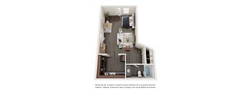 A top down view of a small apartment with a kitchen, living room, and bathroom.