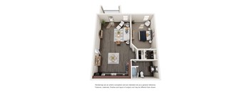 A floor plan of a small apartment with a living room, kitchen, and bedroom.