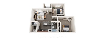 A floor plan of a small apartment with a kitchen, living room, and bedrooms.