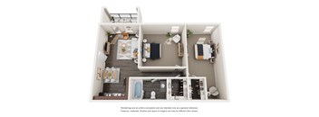 A floor plan of a small apartment with a kitchen, living room, and bedrooms.