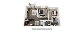 A floor plan of a house with a kitchen, living room, and bathrooms.