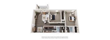 A floor plan of a house with a kitchen, living room, dining room, and bathrooms.