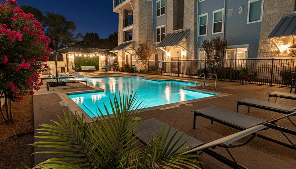 A pool surrounded by lounge chairs and plants at night.