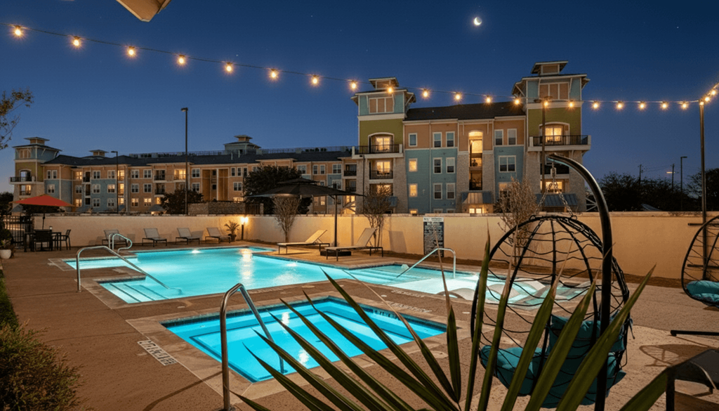A pool area with a building in the background and lights strung above.